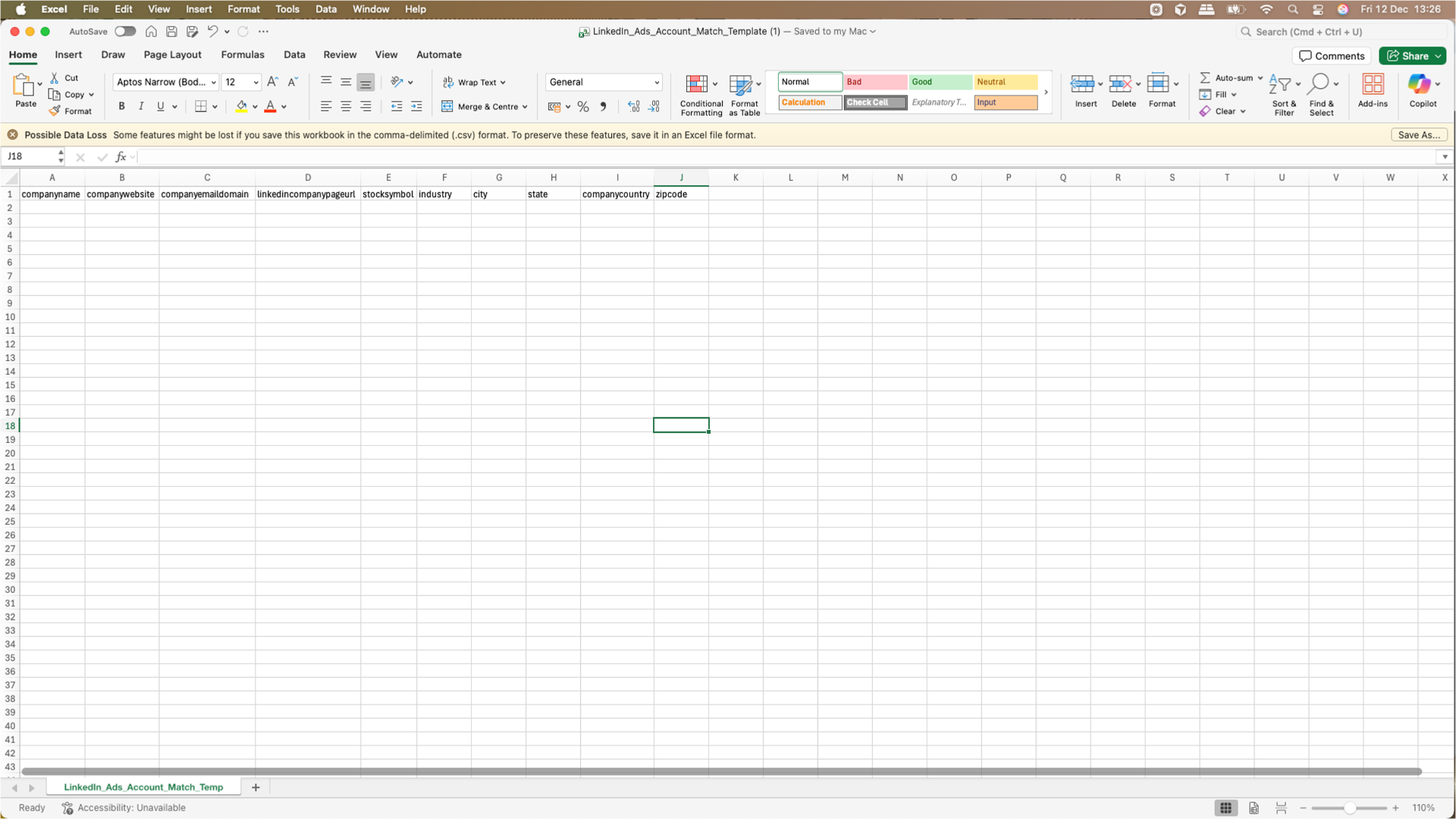 LinkedIn's CSV template opened in Excel, ready to populate with your company data